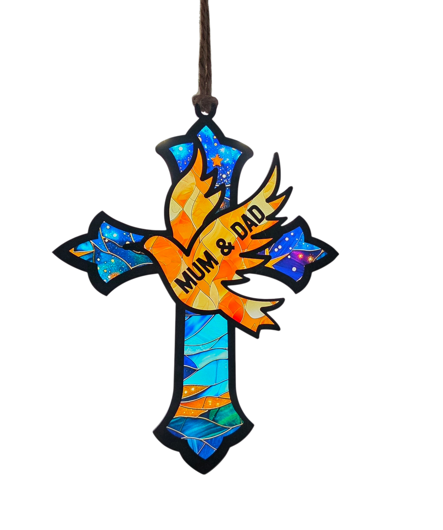 Personalised Stained Glass Effect Cross & Dove Acrylic Decoration, Christian Gift, Memorial, Baptism, Christening Keepsake