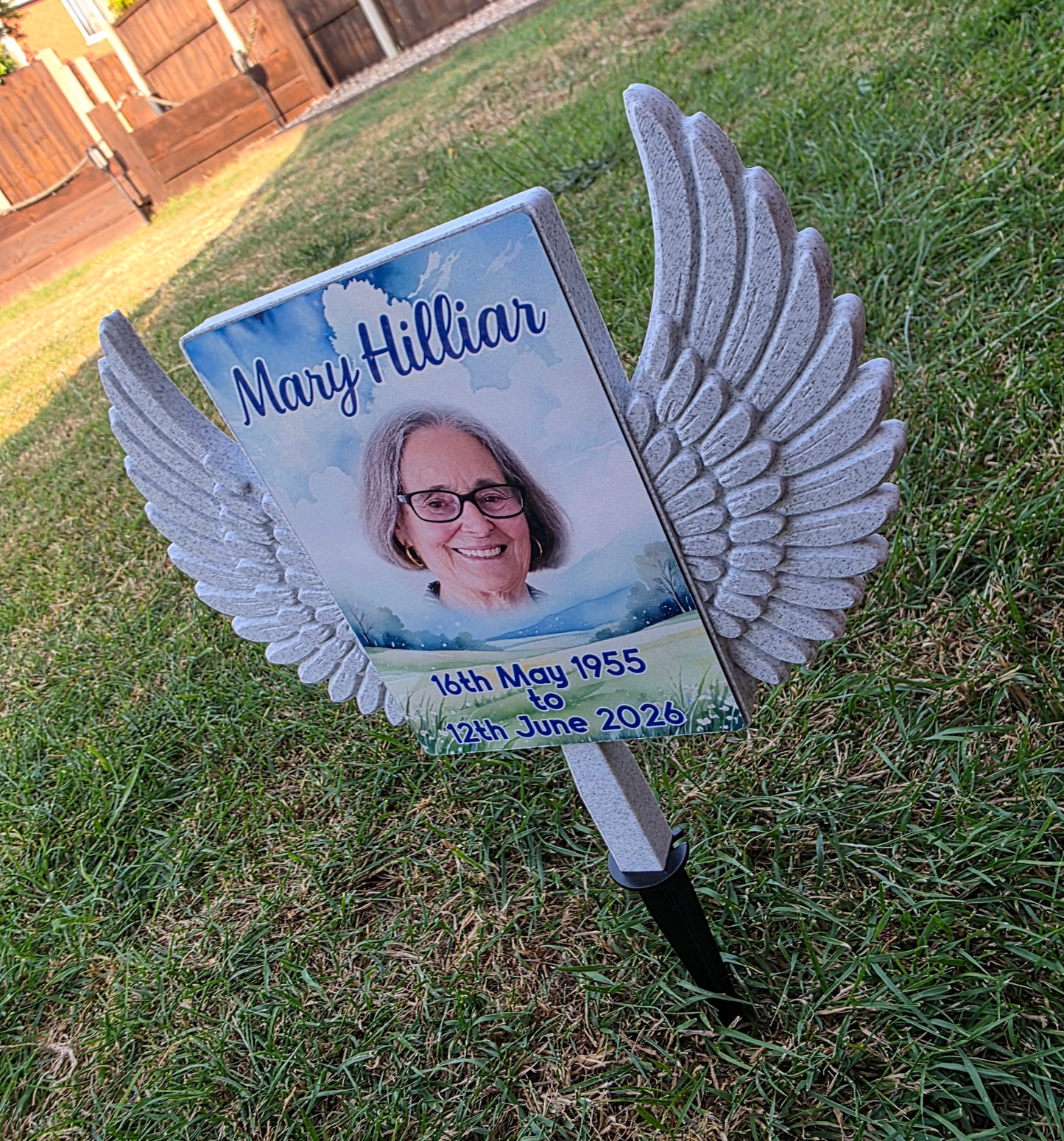 Custom Memorial Grave Marker | Personalised Photo Graveside Plaque | Angel Wings Garden Memorial | Cemetery Decoration