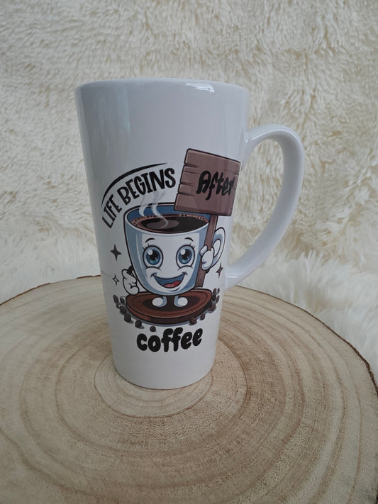 17oz Ceramic Latte Mug – "Life Begins After Coffee" Quote – Funny Coffee Lover Gift – Tall Mug for Home or Office