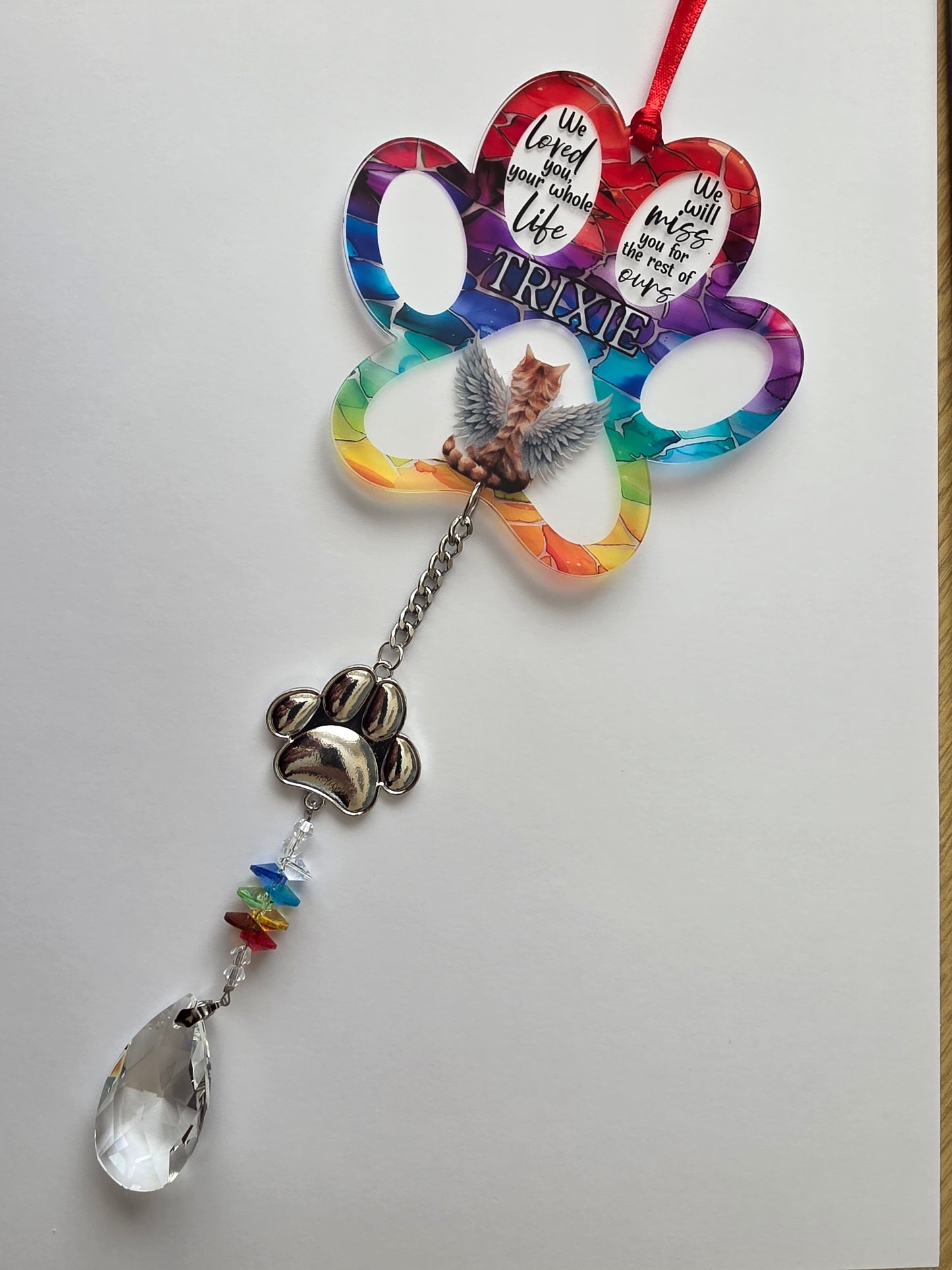 Stained Glass Effect Cat Memorial Suncatcher | Personalised Pet Loss Gift | Rainbow Bridge Remembrance | Hanging Paw Charm | Multiple Cats available