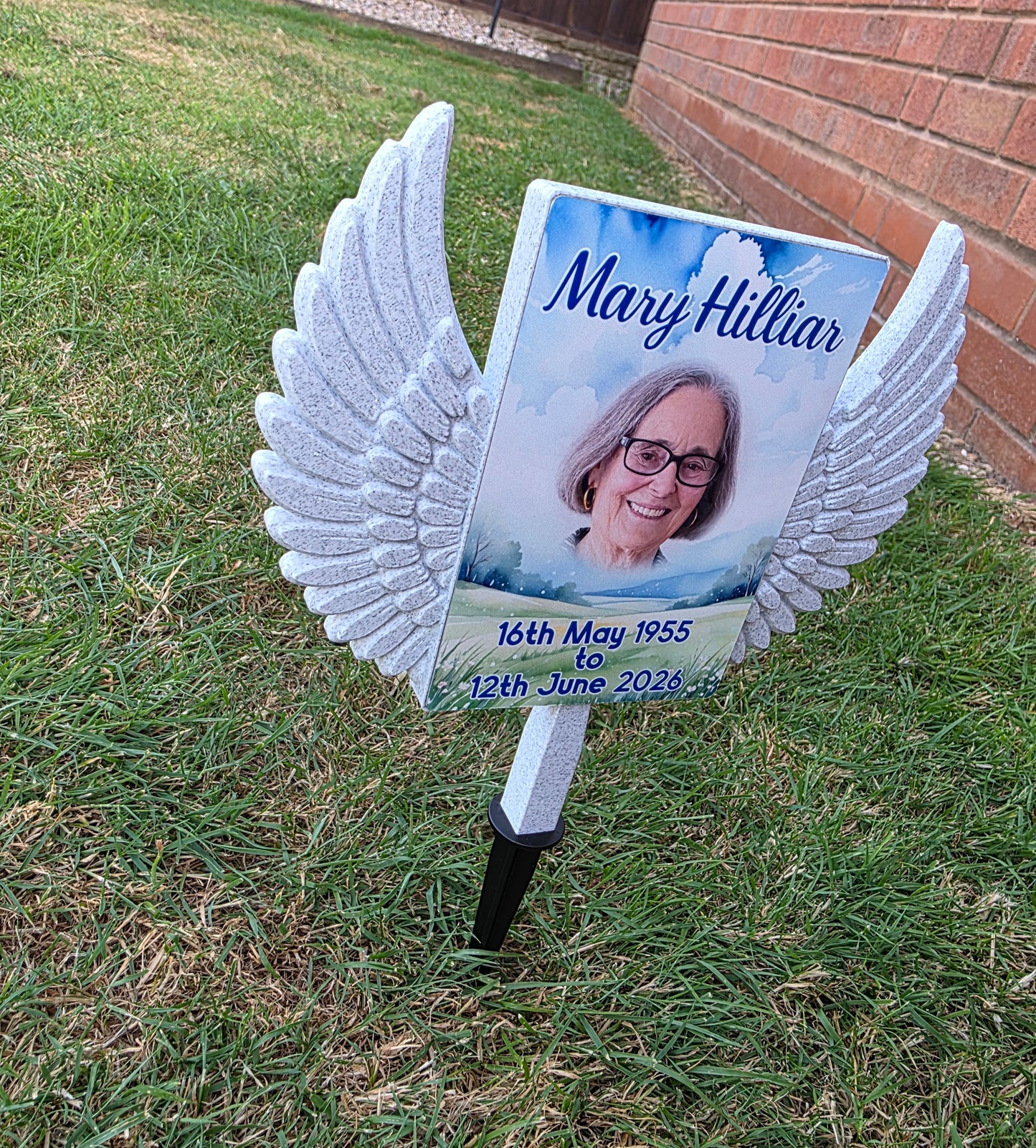 Custom Memorial Grave Marker | Personalised Photo Graveside Plaque | Angel Wings Garden Memorial | Cemetery Decoration