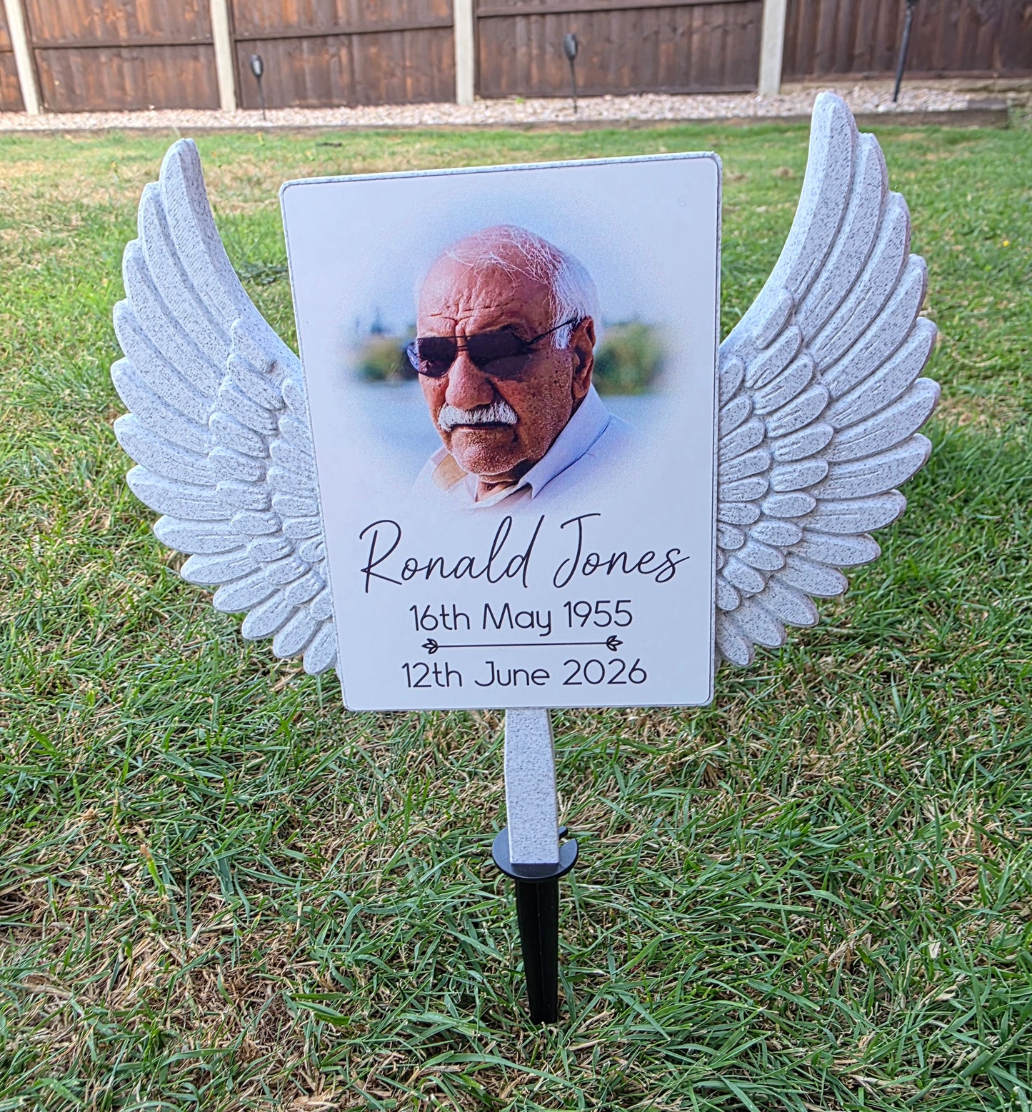 Custom Memorial Grave Marker | Personalised Photo Graveside Plaque | Angel Wings Garden Memorial | Cemetery Decoration