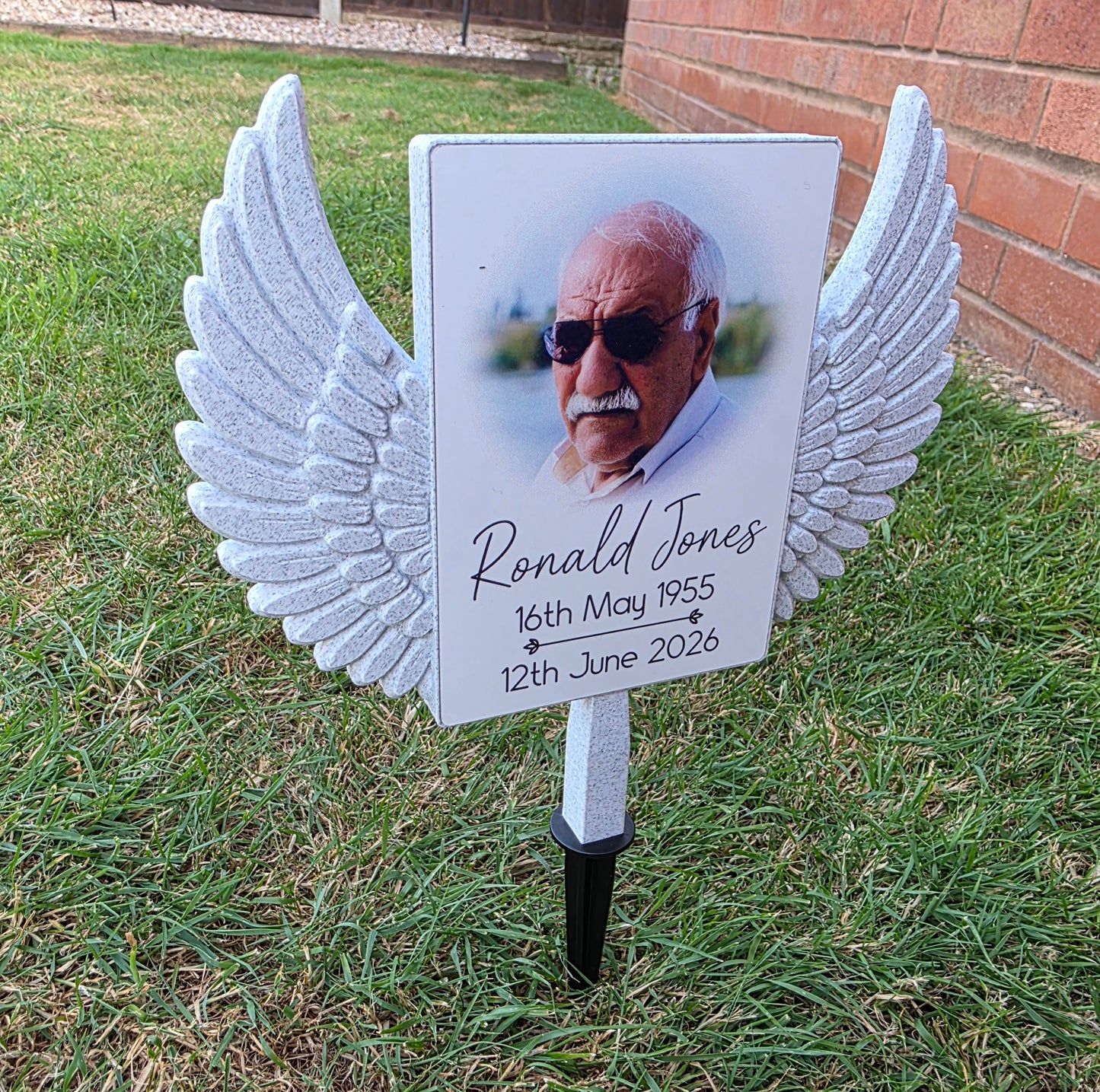 Custom Memorial Grave Marker | Personalised Photo Graveside Plaque | Angel Wings Garden Memorial | Cemetery Decoration